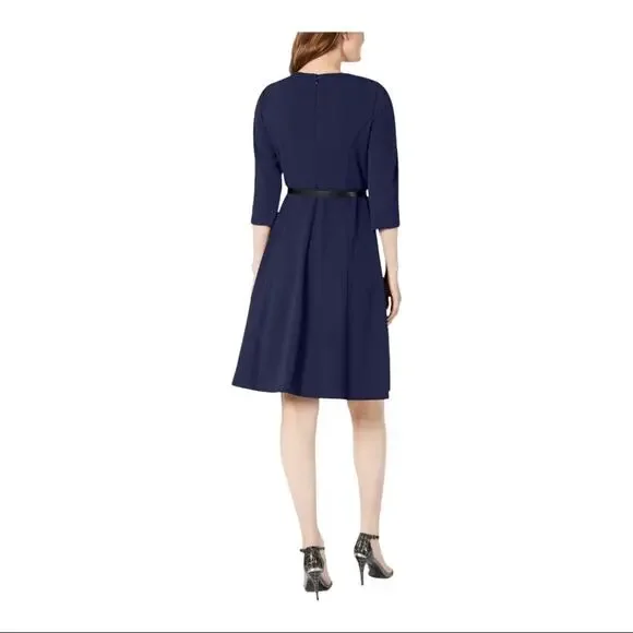 CALVIN KLEIN Navy 3/4 Sleeve Crew Neck Above The Knee Dress - Picture 2 of 9